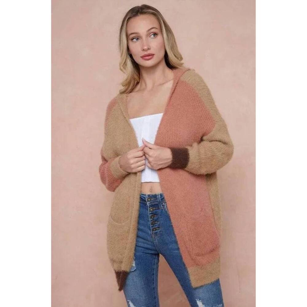 NEW ON BLUE sweater hooded open front long sleeve cardigan in orange